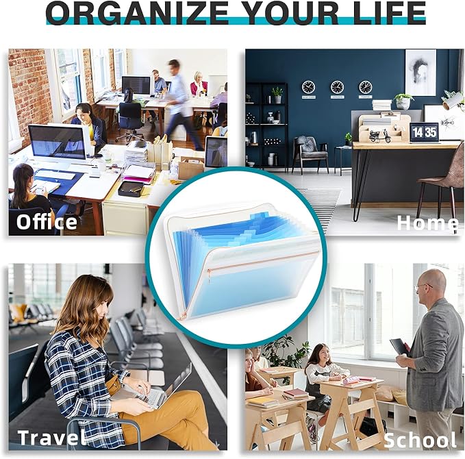 H4D 13 Pocket Expanding File Folder Organizer, Blue, 8.5-x-11-inch | Zippered, Front Clear Pouch, Letter Size Paper, A4 Paper, Fit for Documents