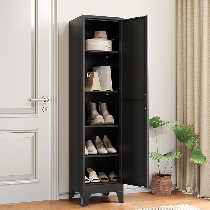 COFaR 67" Metal Pantry Cabinet, Black Storage Cabinet with Magnetic Door & 4 Adjustable Shelves, Slim Freestanding Cupboard for Office, Kitchen, Bathroom