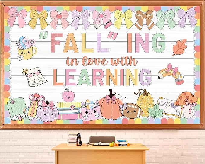 Pastel Fall Thanksgiving Bulletin Board Decorations Set Falling in Love with Learning Classroom Decor Maple Leaves Pumpkin Paper Cutouts for First Day of School Office Harvest Chalkboard Wall Supplie