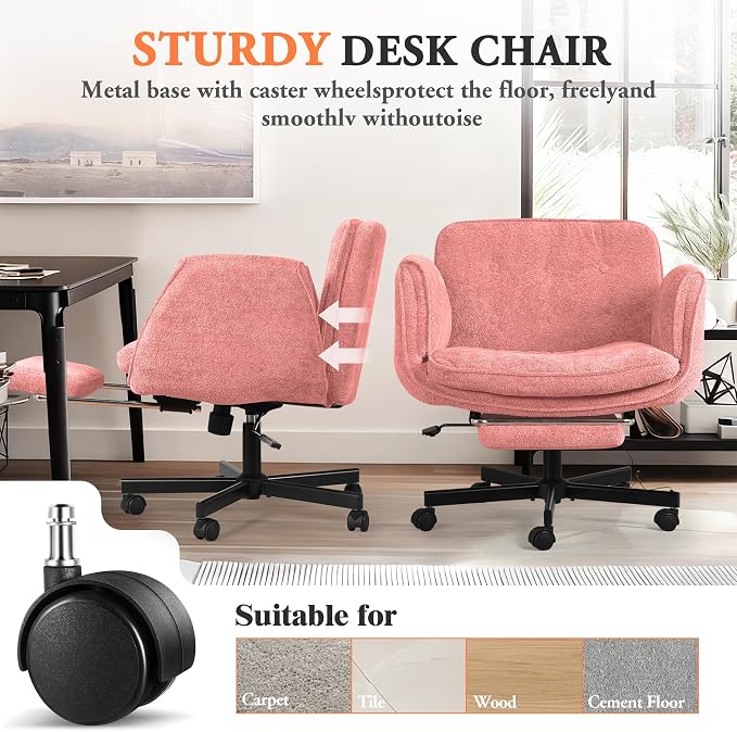 Criss Cross Chair with Footrest & 5 Level Folding Arms Full Relaxation, Wide Cross Legged Office Chair for Home Office, Comfy Swivel Desk Chair with Ottoman, Chenille Vanity Chair (Pink)