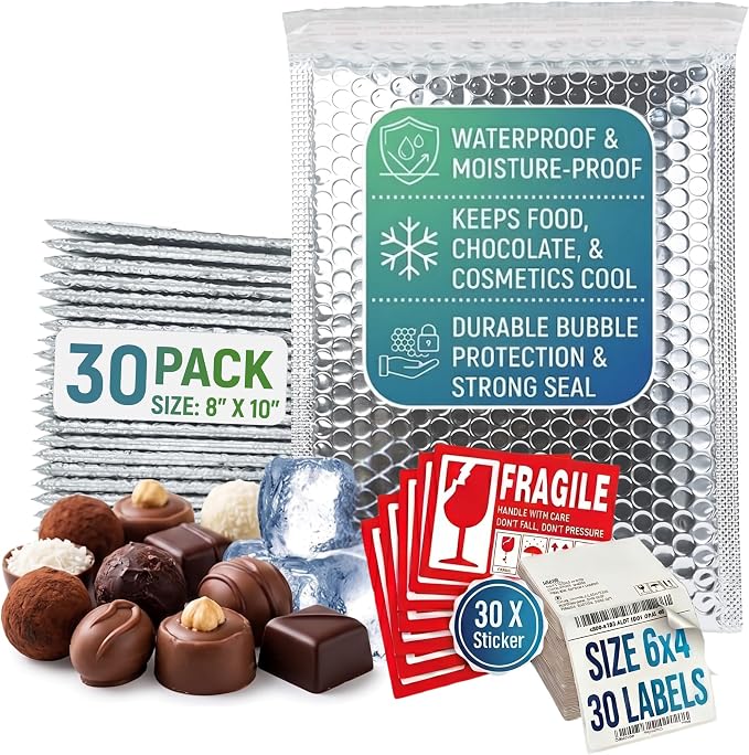 Thermal Mailers 8x10 Inch (30 Pack) with Thermal Labels & Fragile Stickers - Insulated Bubble Mailers for Cold Shipping - Waterproof Self-Seal Insulated Bags - Cold shipping supplies