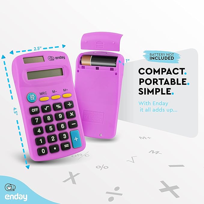 Calculator Purple, Basic Small Solar and Battery Operated, Large Display Four Function, Auto Powered Handheld Calculator School and Kids Available in Green, Red, Blue, Grey, Pink, 24 PK – by Enday