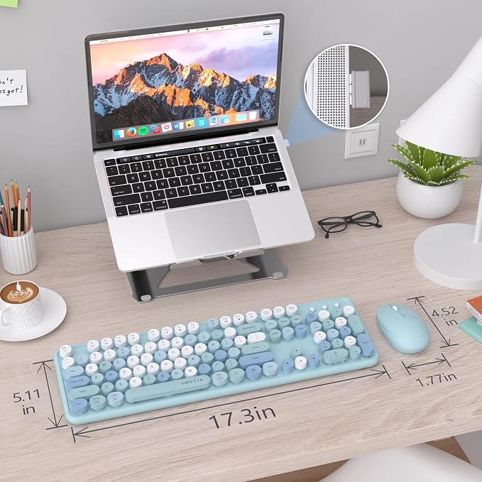 UBOTIE Colorful Wireless Keyboard and Mouse Combo (Blue-Colorful) | Retro Typewriter Floating Full-Sized Keys Computer Keyboard with Optical Mouse, 2.4GHz USB Connection for Windows Mac