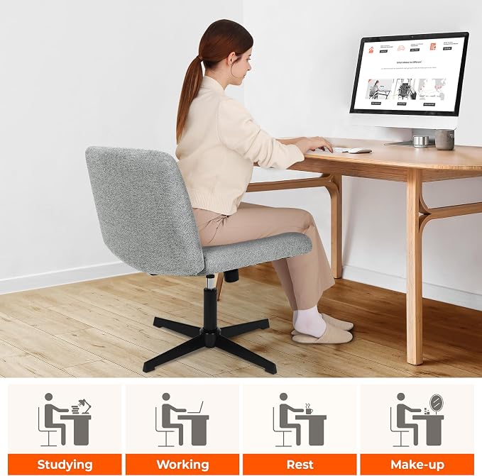 NEO CHAIR Criss Cross Chair with No Wheels, Cozy Wide Armless Seat, Grey | Cross-Legged Friendly, Comfy Support for Office, Desk, or Vanity, Smooth 360° Swivel Motion with Adjustable Height and Tilt