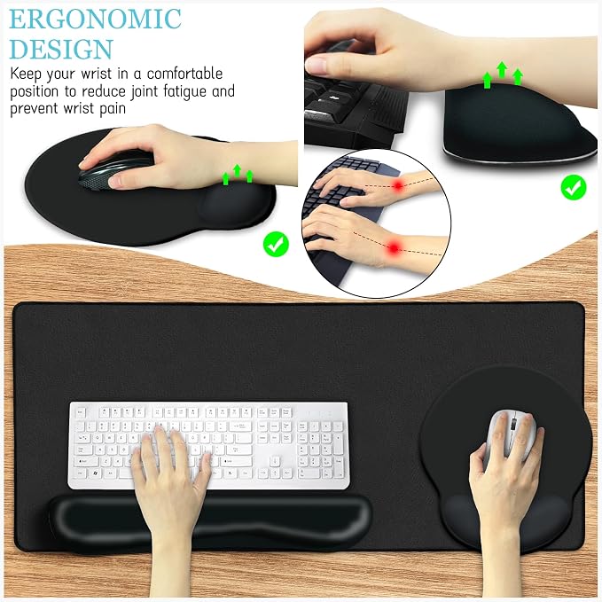 LIMKRIAN Black Large Mouse Pad Set, XXL Desk Matt for Desktop Decor | Ergonomic Wrist Rest Mouse Pad, Computer Keyboard Mat Wrist Support, Coaster, Gaming Mousepad Home Office Desk Accessories