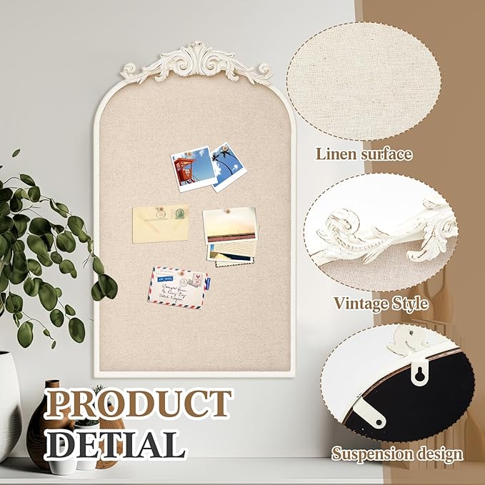 Vintage Framed Pin Board Linen Display Bulletin Board Large Ornate Fabric Picture Photo Pinboard Memo Decorative Prayer Pinboard Ornate for Wall Gift(Arch,19" X 31",Vintage White)