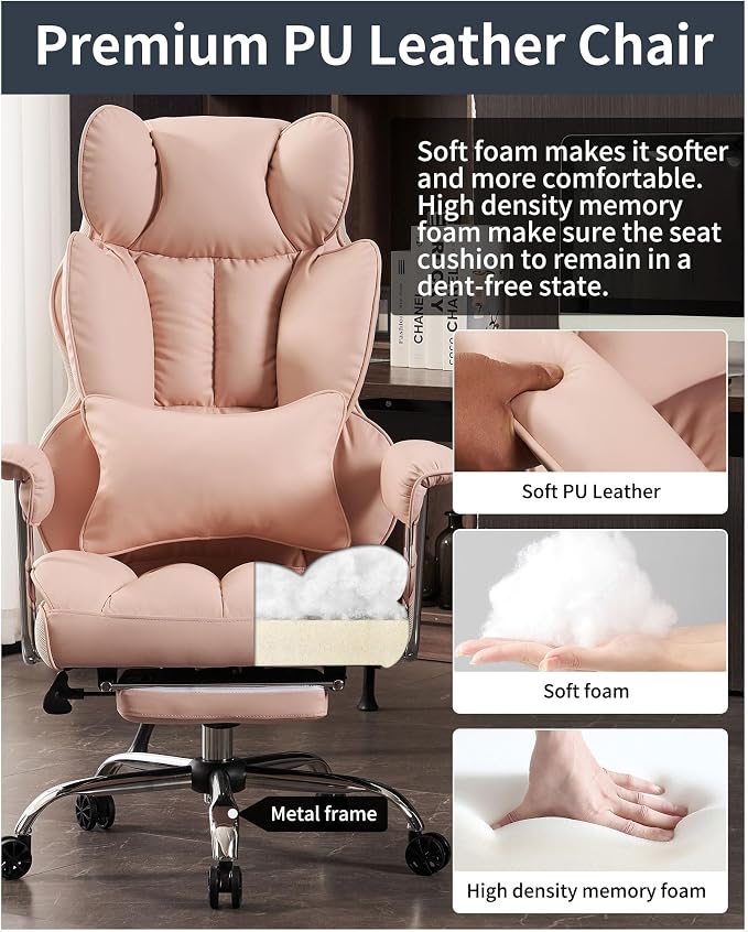 Efomao Big and Tall Office Chair 400LBS - Pink Heavy Duty Executive Office Chair with Footrest, Ergonomic Home Office Desk Chair, Wide Computer Chair for Heavy People | 400lbs support, 135° recline, dual-layer foam cushion, 23.5" seat & footrest. BIFMA