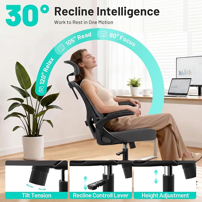 Office Chair - Ergonomic Desk Chair Breathable Mesh Chair with 2D Headrest & Adjustable Lumbar Support - Executive High Back Rolling Swivel Computer Gaming Chair with Wheels Flip-up Armrests