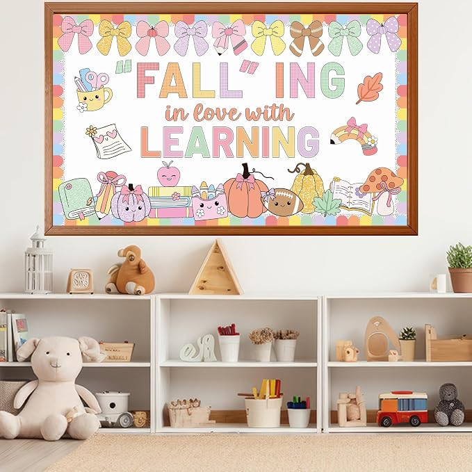 Pastel Fall Thanksgiving Bulletin Board Decorations Set Falling in Love with Learning Classroom Decor Maple Leaves Pumpkin Paper Cutouts for First Day of School Office Harvest Chalkboard Wall Supplie