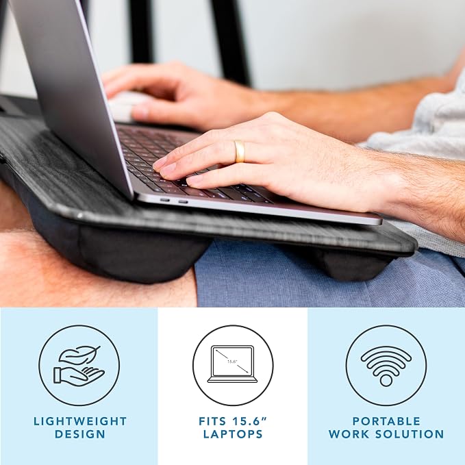 LAPGEAR Home Office Lap Desk – Gray Woodgrain, Fits 15.6” Laptops | Built-In Mouse Pad & Phone Slot, Integrated Device Ledge, Dual-Bolster Microbead Cushion, Carry Handle