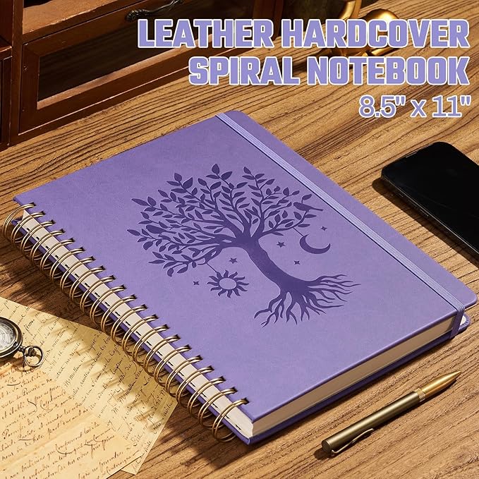Hardcover Spiral Notebook 8.5" x 11" with 5 Removable Dividers 300 Pages Leather 5 Subject Notebook College Ruled 100GSM Large Spiral Notebooks for Work Thick Lined Journal for Women, Purple