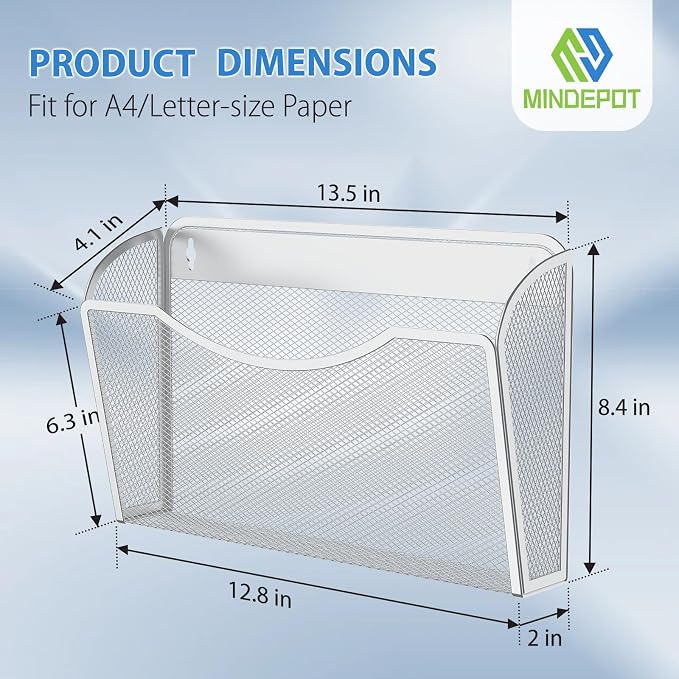 MINDEPOT Wall File Organizer, Hanging Wall File Holder, 1 Pack, Silver | Heavy Duty Iron, Metal Mesh Wall Mount, Single Pocket, Mail Organizer, for Office School Classroom Home, Letter A4 Size
