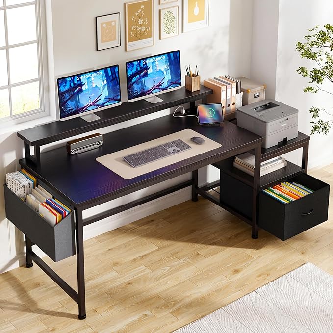 EnHomee 56.5" Office Desk with Drawers & Printer Space for Home Work,Black | Computer Desk with 3 AC Outlets& 2 USB Ports,40"*7" Long Monitor Stand,Side Pockets with Storage Space,Home Office,Bedroom