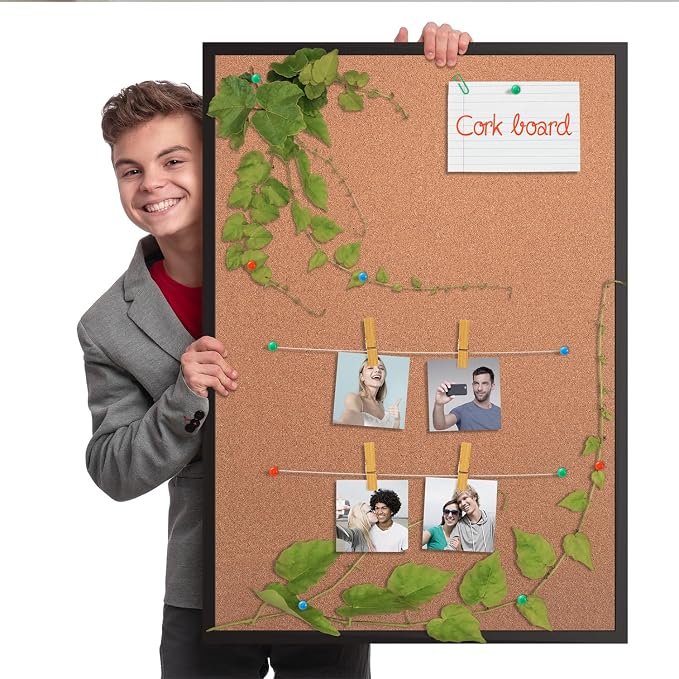 Cork Board Bulletin Board 48 x 36, Black Wood Framed Corkboard, Office Board for Wall, Large Notice Pin Board