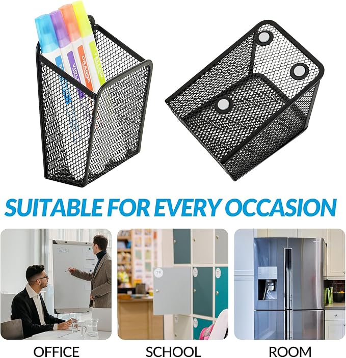 LUCYCAZ Magnetic Pen Holder,2 Pack Magnetic Pencil Locker Holder Organizer | Single Strong Magnets Mesh Marker Holder Pen Basket for Whiteboard, Refrigerator and Locker (Black)