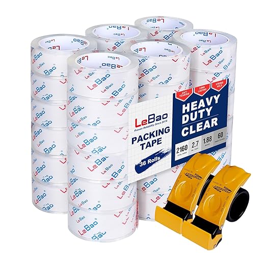 Heavy Duty Packing Tape with Dispenser, 36 Rolls x 1.88 in. x 60 yds. x 2.7 MiL, Strong Hold HD Clear Packaging Tape Secure Sealing for Cardboard, Bubble Wrap, Shipping Supplies, Total 2160 yds.