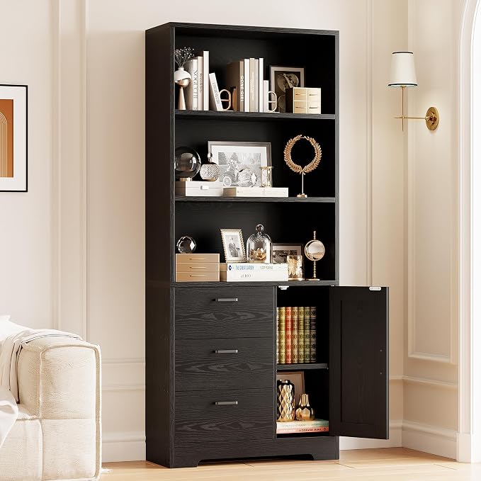 IRONCK 71 in Bookshelf with Doors and Drawers, Industrial Tall Bookcase | Engineered wood with 3-tier shelves, 3 drawers, enclosed storage, anti-tip hardware, 132 lb maximum capacity, for home office