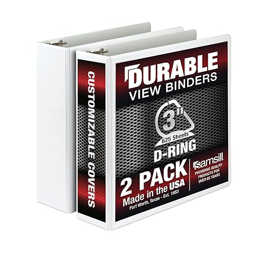 Samsill Durable 3 inch 3 Ring Binder, D Ring Binder,100% Recycled Chipboard, White, 2 Pack