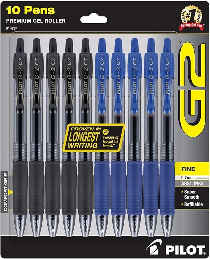 PILOT G2 Premium Gel Pens, 0.7mm Fine Point, Pack of 10 | Refillable & Retractable, 5 Black & 5 Blue Ink Pens