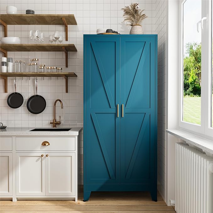 COFaR 71" Metal Pantry Cabinet in Peacock Blue, 5-Tier Storage with Adjustable Shelves, Modern Statement Cupboard for Kitchen, Bathroom & Living Room
