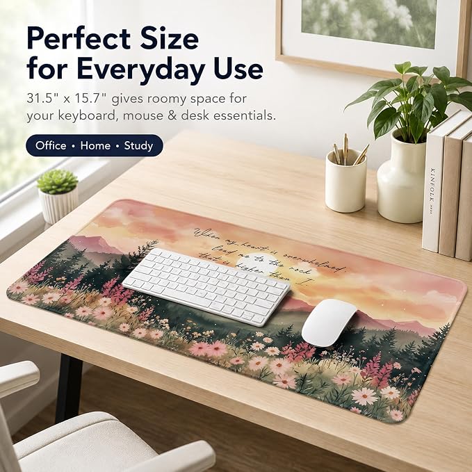 Psalm 61:2 Christian Mountain Large Mouse Pad 31.5x15.7 Inch,M006 | Psalm 61:2 Bible verse floral mountain desk mat for home office dorm, Christian desk decor and faith gifts for women
