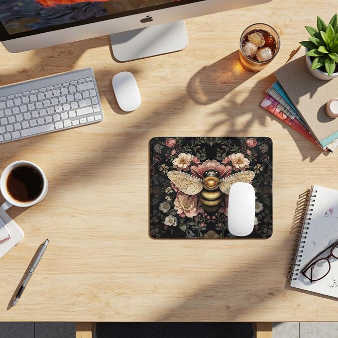 Vintage Moody Floral Bee Mouse Pad, Bee Lover Gifts, Dark Cottagecore Botanical Bumblebee Insect Mouse Pads Mousepad for Home Office Dorm Computers Laptop Supplies Desk Accessories, 9.5x7.9 Inch