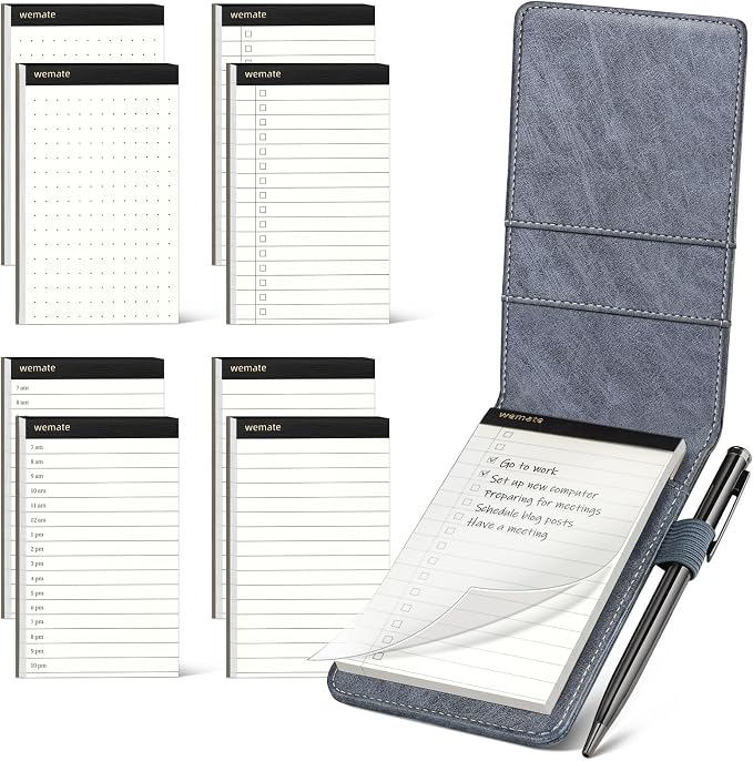WEMATE 10 Pieces Small Notepad Holder Set Pocket Notebook 3 x 5 Inch (Grey) | Included Mini Pocket Notepad Holder Set with 8 Memo Book Refills and Metal Pen for Meetings, Daily Records