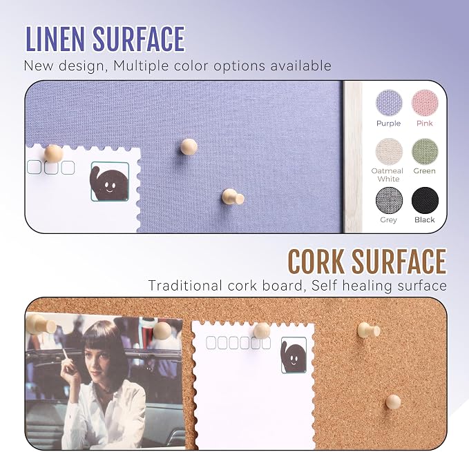 SELEAD Double-Sided Linen and Cork Bulletin Board (36"x24", Purple) | 2-in-1 Fabric Linen & Cork Pin Board, White Wood Frame Wall Decor Photo Display Vision Board for Home Family, Office, Kitchen