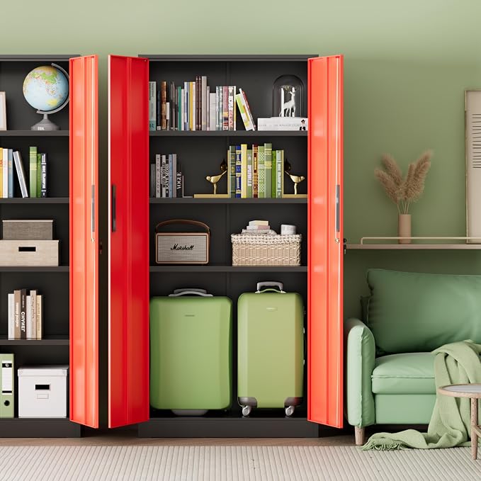 Metal Storage Cabinet,72" Steel Lockable File Cabinet with Locking Doors and Adjustable Shelves,Locking Tool Cabinets for Office,Home,Garage,Gym,School (Black Red)