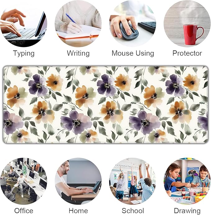 Watercolor Floral Large Mouse Pad,Gaming Keyboard Desk Pad,Extended Mouse Mat Non-Slip Rubber Base with Stitched Edges for Office Game Home XL 31.5"x11.8"