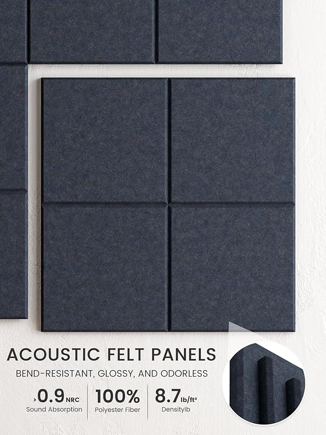 Bumusty Large Felt Bulletin Board, 36" x 24" Cork Board Alternative, 6-Pack Wall Tiles with 4-Compartment Design, 30 Push Pins, 40 Adhesive Tabs, Ideal for Office & Home Decor, Deep Charcoal Blue