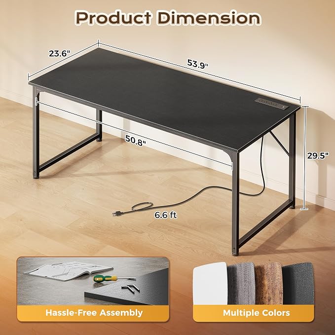 54 X 24 Inch Deeper Desk with Power Outlets | Large Computer Desk for Bedroom, Office Desk for Work from Home, Writing Study Gaming Table, Stable Metal Frame, Black