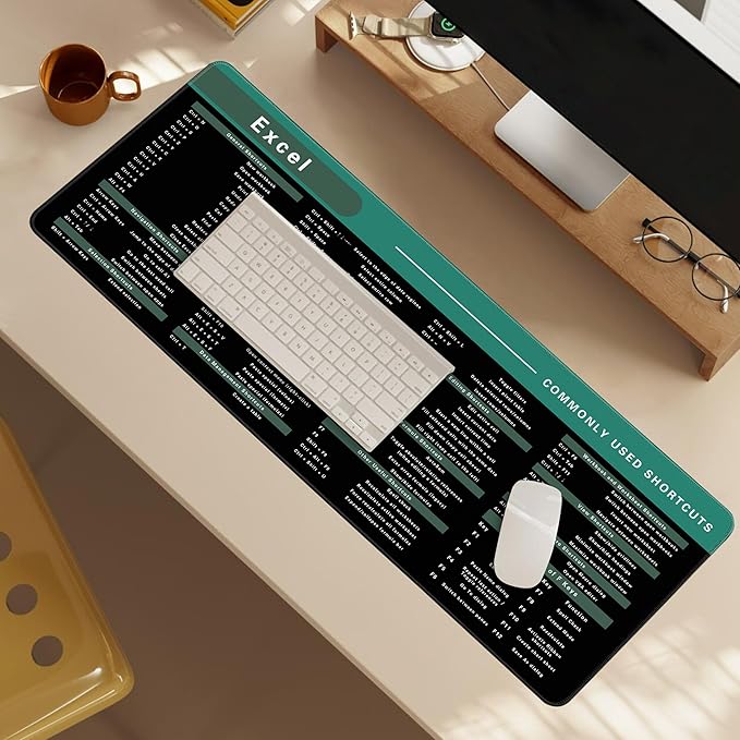 Excel Cheat Sheet Desk Pad, 31.5"x11.8", Waterproof Extra Large Excel Shortcut Mat with Stitched Edges, Anti-Slip Excel Mouse Pad for Office Desk, MS Excel/Word Shortcuts (Green Excel D)