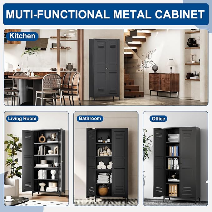 Fesbos Metal Storage Cabinet-61” Tall Steel File Cabinets with Doors and 4 Adjustable Shelves-Black Steel Storage Cabinet for Home,Kitchen, School, Office, Garage