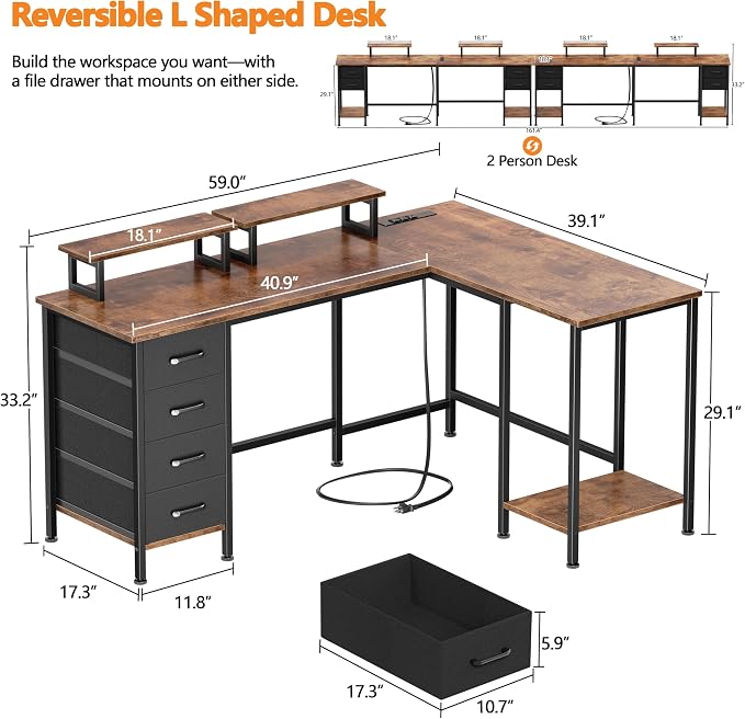Korfile 59 inch L Shaped Computer Desk with Power Outlets, Rustic Brown | Ideal for Home Office, Bedroom, Corner, 4 Adjustable Storage Drawers, 2 Monitor Stands, Reversible, Two Person Gaming Table