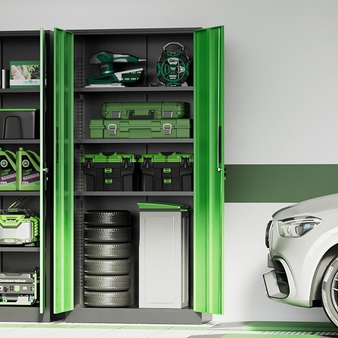Metal Storage Cabinet,72" Steel Lockable File Cabinet with Locking Doors and Adjustable Shelves,Locking Tool Cabinets for Office,Home,Garage,Gym,School (Black Green)