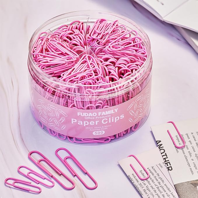 FUDAO FAMILY 500pcs Paper Clips Assorted Sizes, Small, Medium and Large（1.1inch, 1.3inch and 2inch Paper Clips, Vinyl Coated Paperclips for Office, School, Home Supplies (Pink)