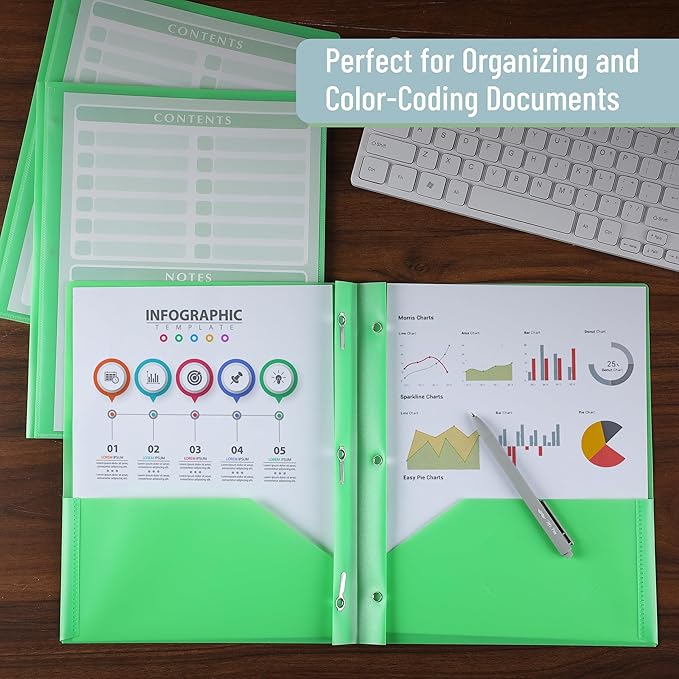 Mr. Pen- Plastic Folders with Pockets and Prongs, 24 Pack, Letter Size, Green, Flexible Plastic Folders with Prongs, Clear Front Pocket and Card Slot