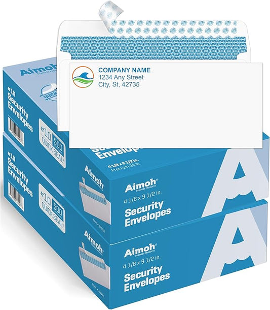Aimoh 1000 Custom Printed #10 Security Self Seal Envelopes -Personalized with Logo &Address Customization |Letter Size 4⅛ x 9½, White, 24LB, 1000 Count (7-34010-1000)