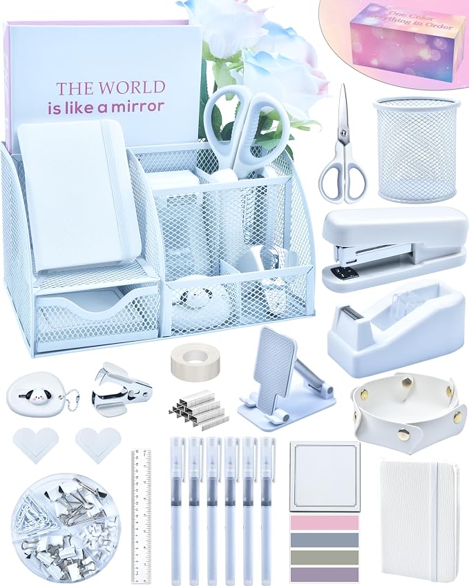 White Desk Accessories, 25Pcs White Office Supplies and Desk Organizers, with Tape Dispenser, Stapler, Staple Remover, Ect, Gift Box Packaging