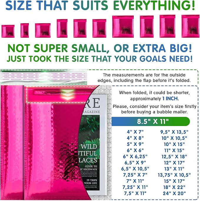 Glamour Metallic Bubble Mailers 8.5 x 11 Inches Hot Pink, 300 Pack Padded Envelopes for Shipping, Mailing, Packaging Protection