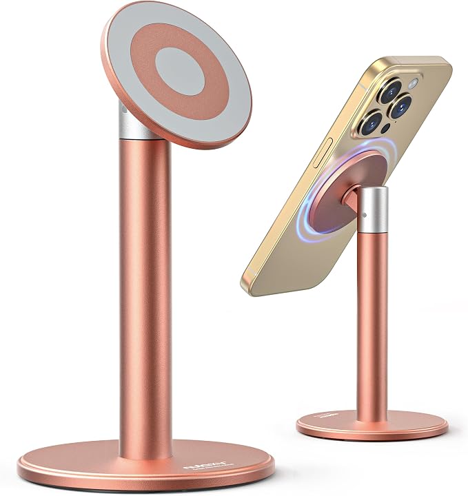 Nulaxy Magnetic Full Aluminum Cell Phone Stand with 360 Rotating, Pink | Stable Base, Includes Metal Ring, Works with Thick Cases, Hands-Free, Office Accessories, Compatible with All Phones