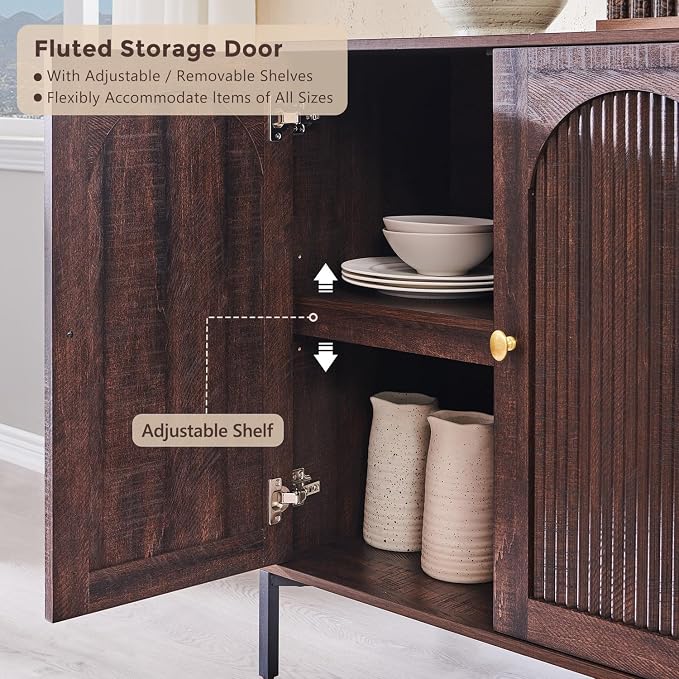 IFGET 34" Tall Modern Arched Sideboard Buffet Cabinet with Storage, Brown | Fluted Arch Sideboard Cabinet w/Adjustable Shelves, Wooden Modular Kitchen Cabinet for Dining& Living Room, Entryway