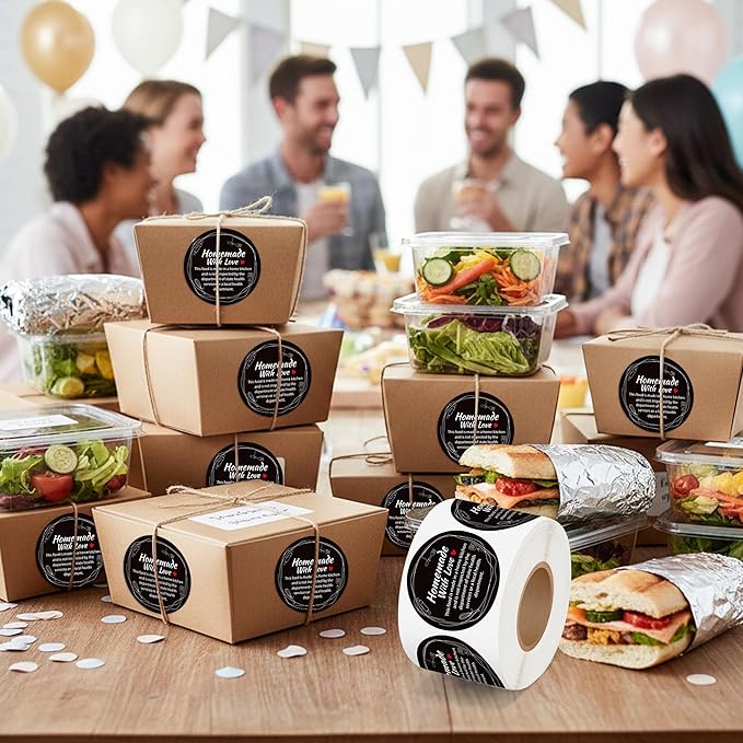 PANTIDE Cottage Food Law Labels Stickers - 500 Count Homemade with Love Adhesive Round Decal Roll, Made in A Home Kitchen Inspection Statement Thermal Printed for Food Packaging (2 x 2 Inch, Black)