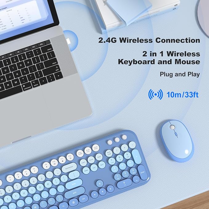MOFII Wireless Keyboard and Mouse Combo, Computer Full Size 2.4G Plug and Play Wireless Typewriter Retro Round Keyboard and Mouse Set for Windows, Computer, Desktop, PC, Notebook - (Light Blue)