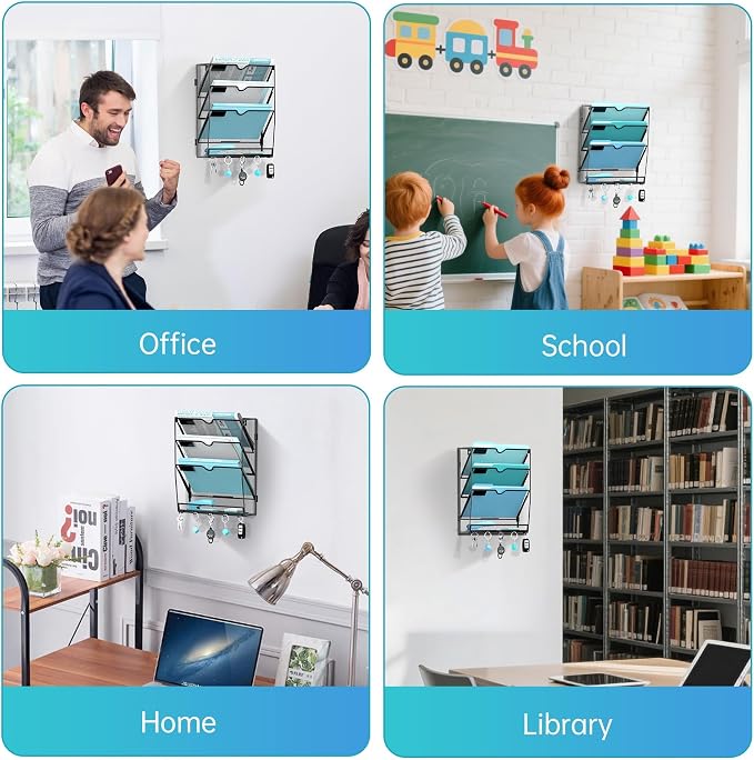 4-Tier Wall File Organizer and Mail Organizer with 5 Hooks, 2 Pack | Label slots, curved openings, 5 key hooks, and a bottom tray support organized mail, file, and everyday item storage.