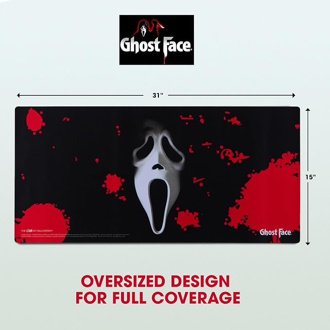 Ghost Face Large Gaming Mouse Pad 31"x15" XL Computer Desk Mat, Anime | Ghost Face anime gaming mouse pad, Oversized 31x15in smooth fabric top, stitched edges, non-slip rubber base.
