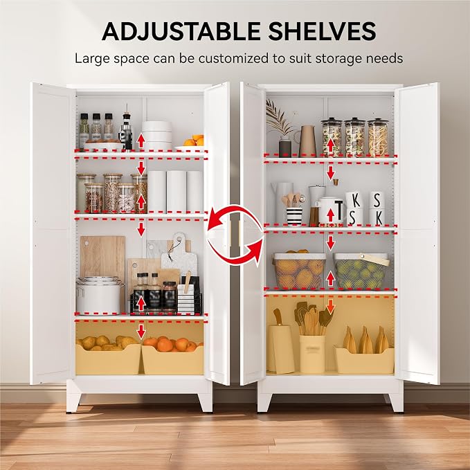 COFaR 61" Metal Pantry Cabinet with Adjustable Shelves, White Storage Cabinet with Doors and Shelves, Sturdy Freestanding Cupboard for Kitchen Pantry, Bathroom Storage, Living Room & Office
