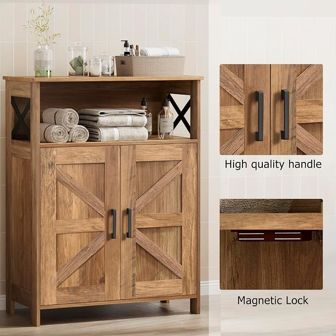 Homhedy Farmhouse Bathroom Storage Cabinet with Doors, Small Floor Cabinet | Toilet Paper Cabinet with Adjustable Shelf, Freestanding Storage Cabinet for Kitchen/Laundry/Living Room, 24"W, Rustic Walnut