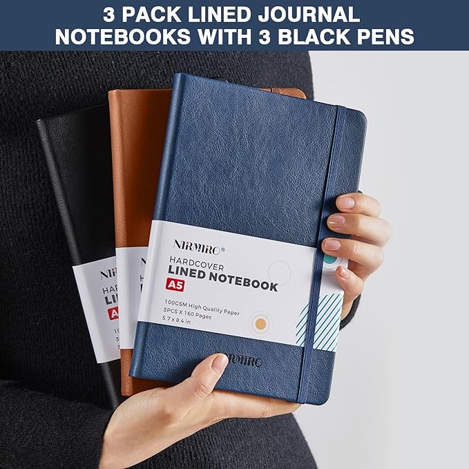 Lined Journal Notebook, A5 (5.7"x8.4"), 3 Pack 160 Pages Journaling Notebooks with Pen, for Women, Men, Work, Writing, Travel, Leather Hardcover, 100GSM Paper, School Office Supplies, Black Blue Brown